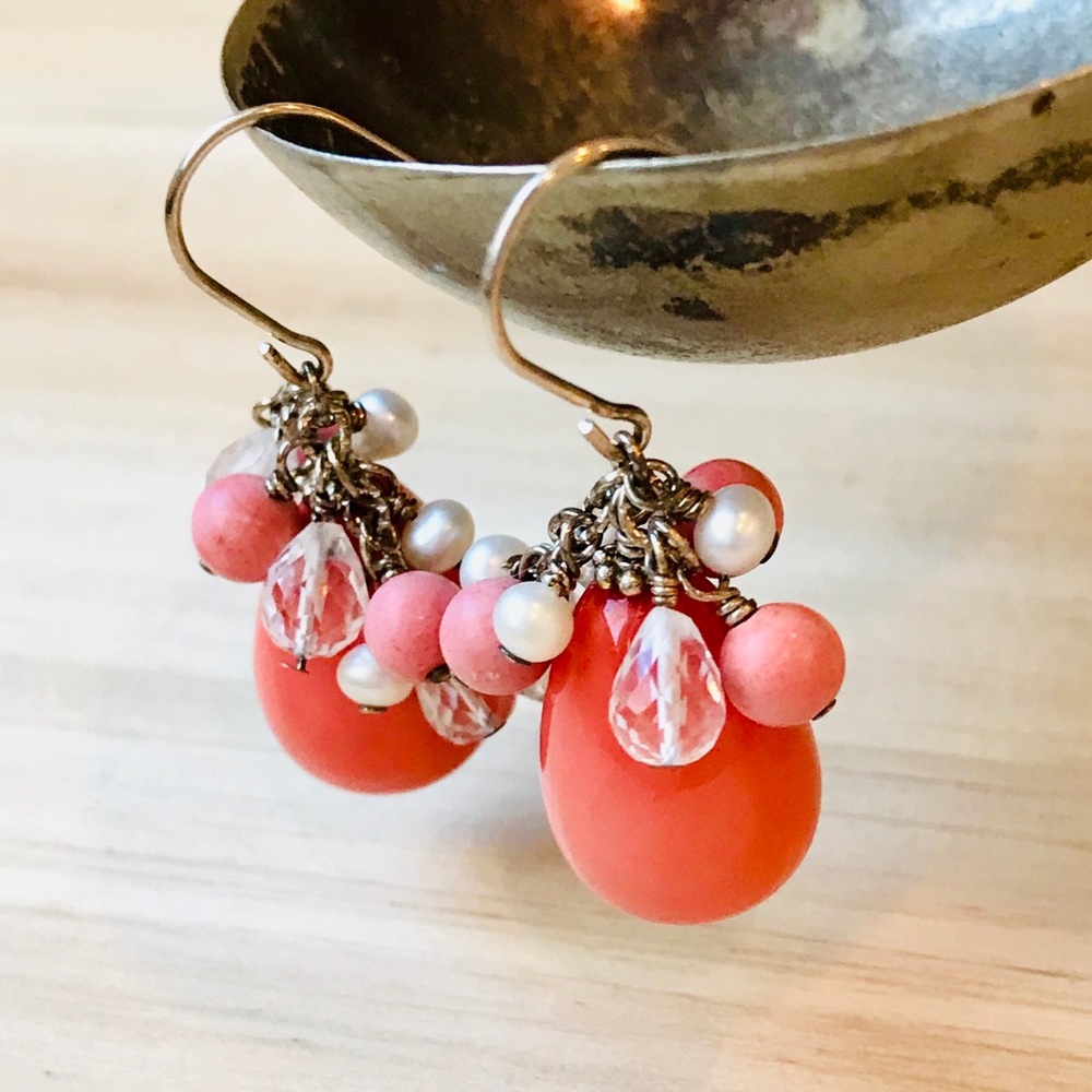 Sterling, Natural Coral, Pearl & Quartz Earrings